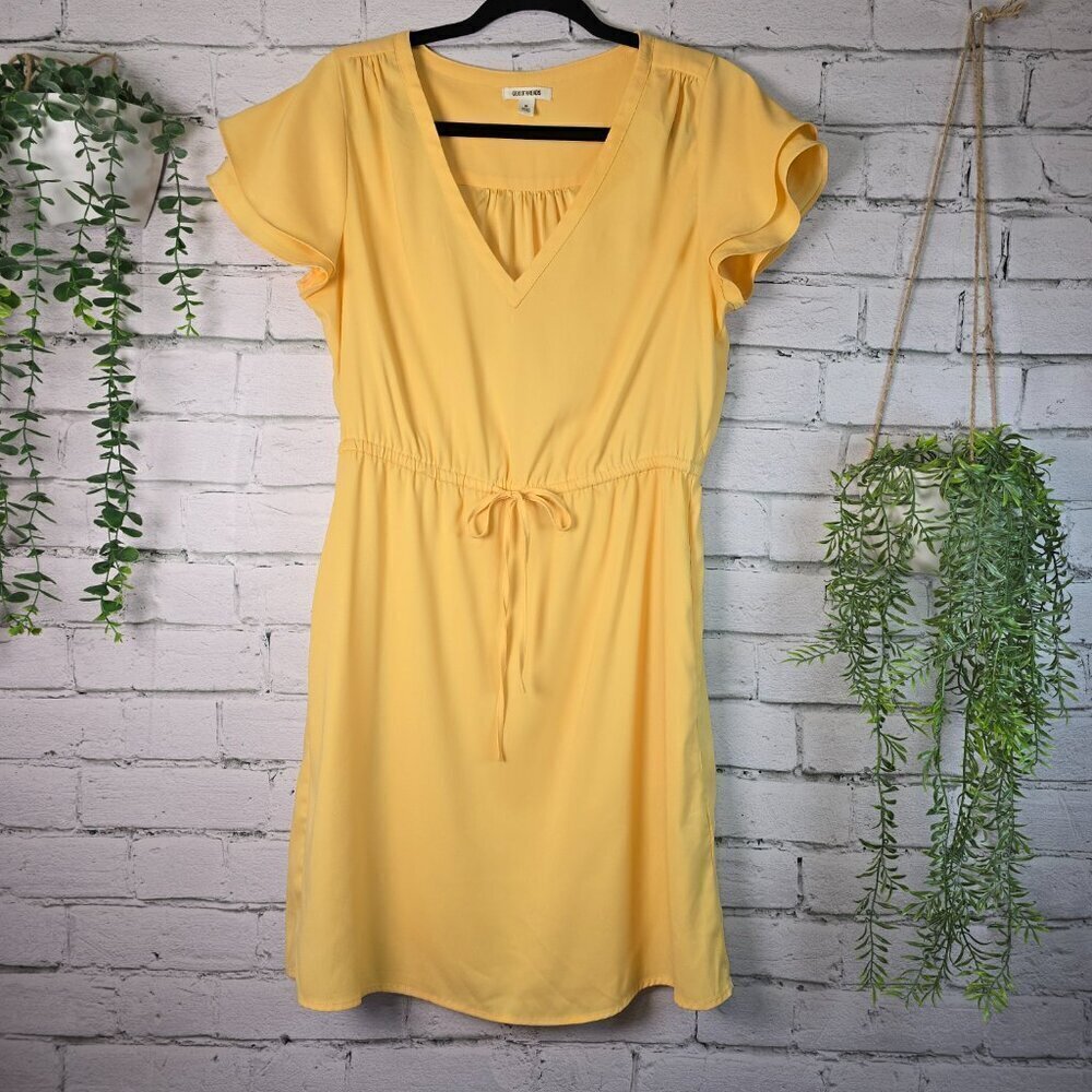 GOODTHREADS BUTTERY YELLOW COTTON KNIT SHIRT DRESS FLUTTER SLEEVE CINCH WAIST M